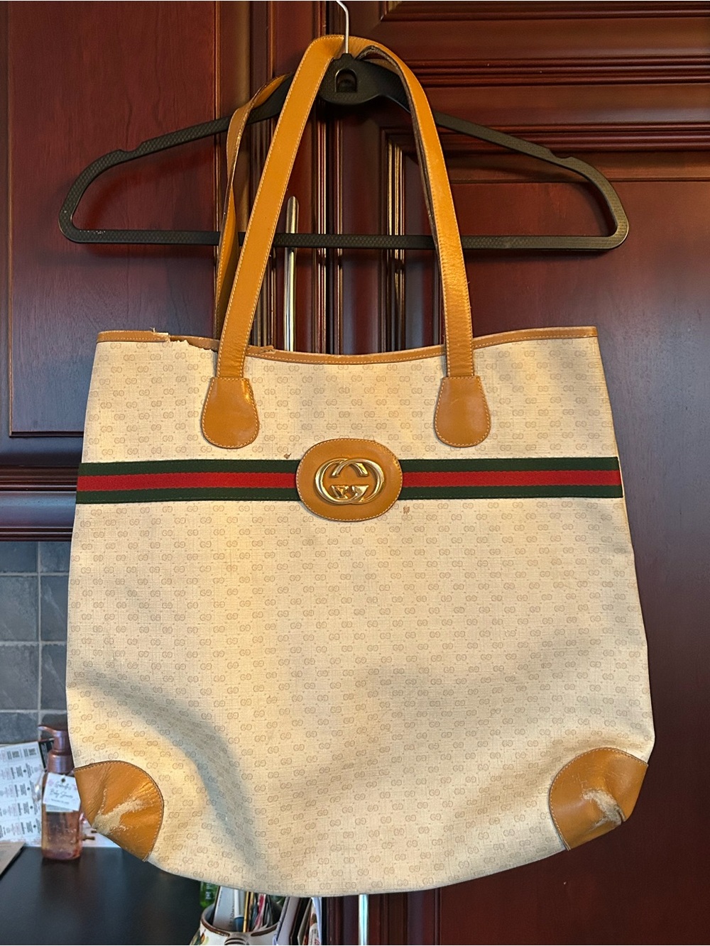 GUCCI authentic Canvas Tote Brown Leather Trim and Signature Web 16 x 17 inches
